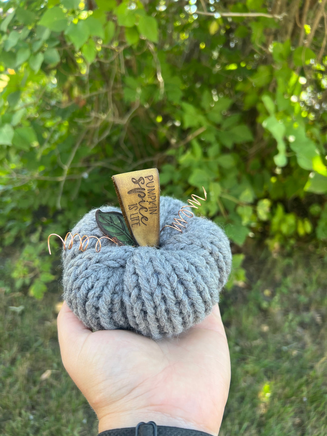grey with “pumpkin spice is life” - Small Knit Pumpkin